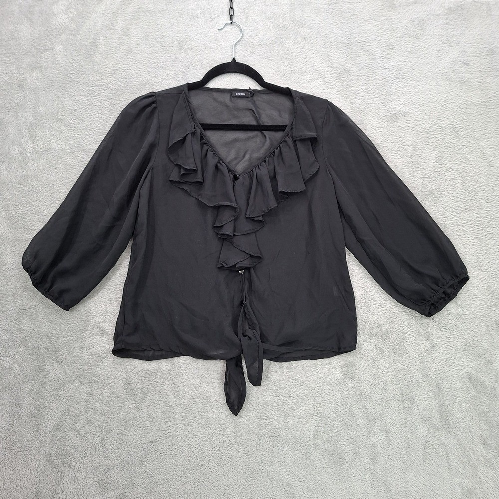 Poetry Sheer Ruffle Top M‎ Chiffon ¾ Sleeve Blouse Button Front Whimsigoth Dark